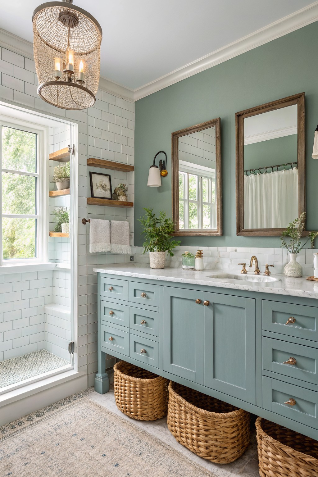 A bathroom with soft sage green walls and matching painted vanity cabinets.