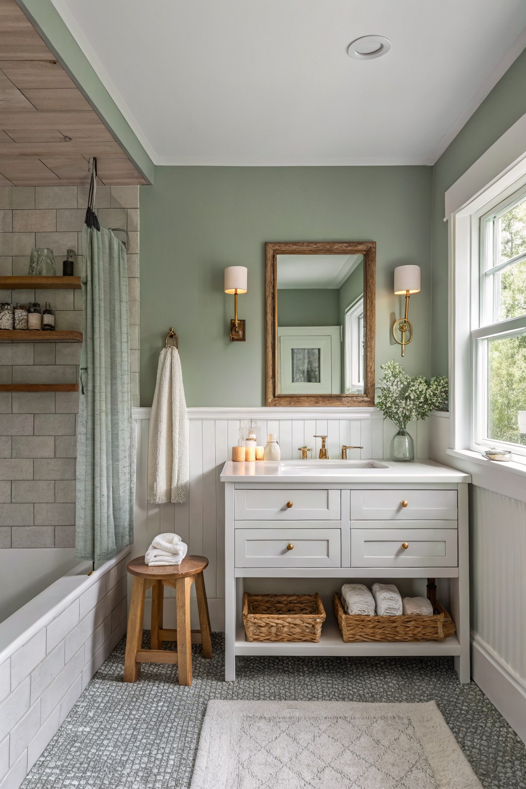 Sage green bathroom with white vanity, wooden mirror, brass sconces, and bathtub.