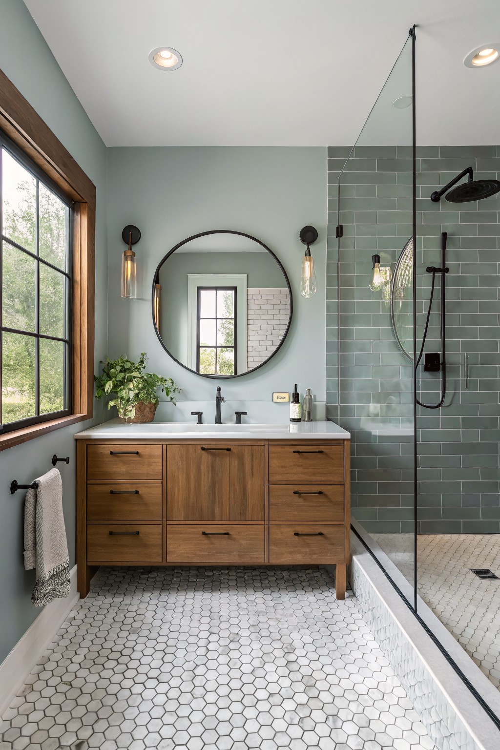 Bathroom walls painted a soft sage green with a wooden vanity and white countertop.