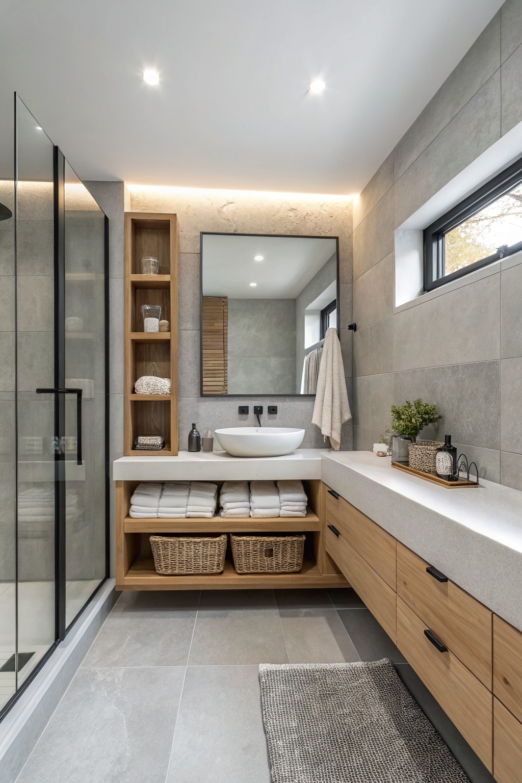A modern bathroom with soft warm gray walls and a floating wood vanity.