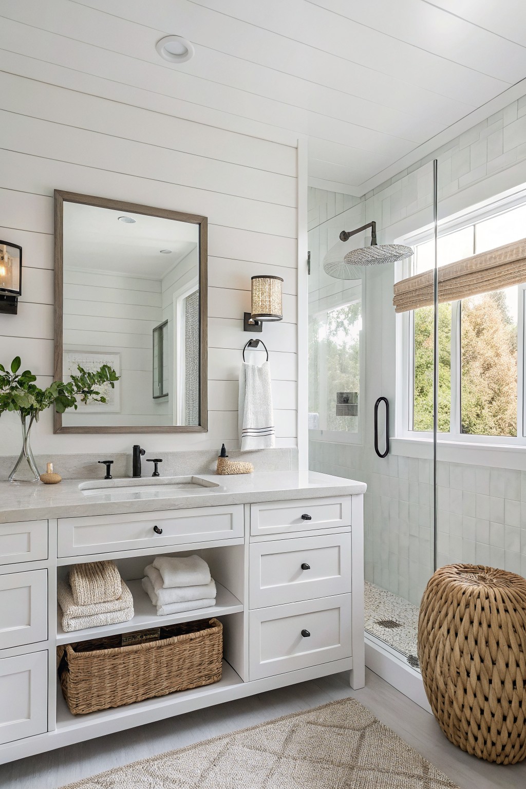 White shiplap walls in a bright bathroom with a marble vanity.