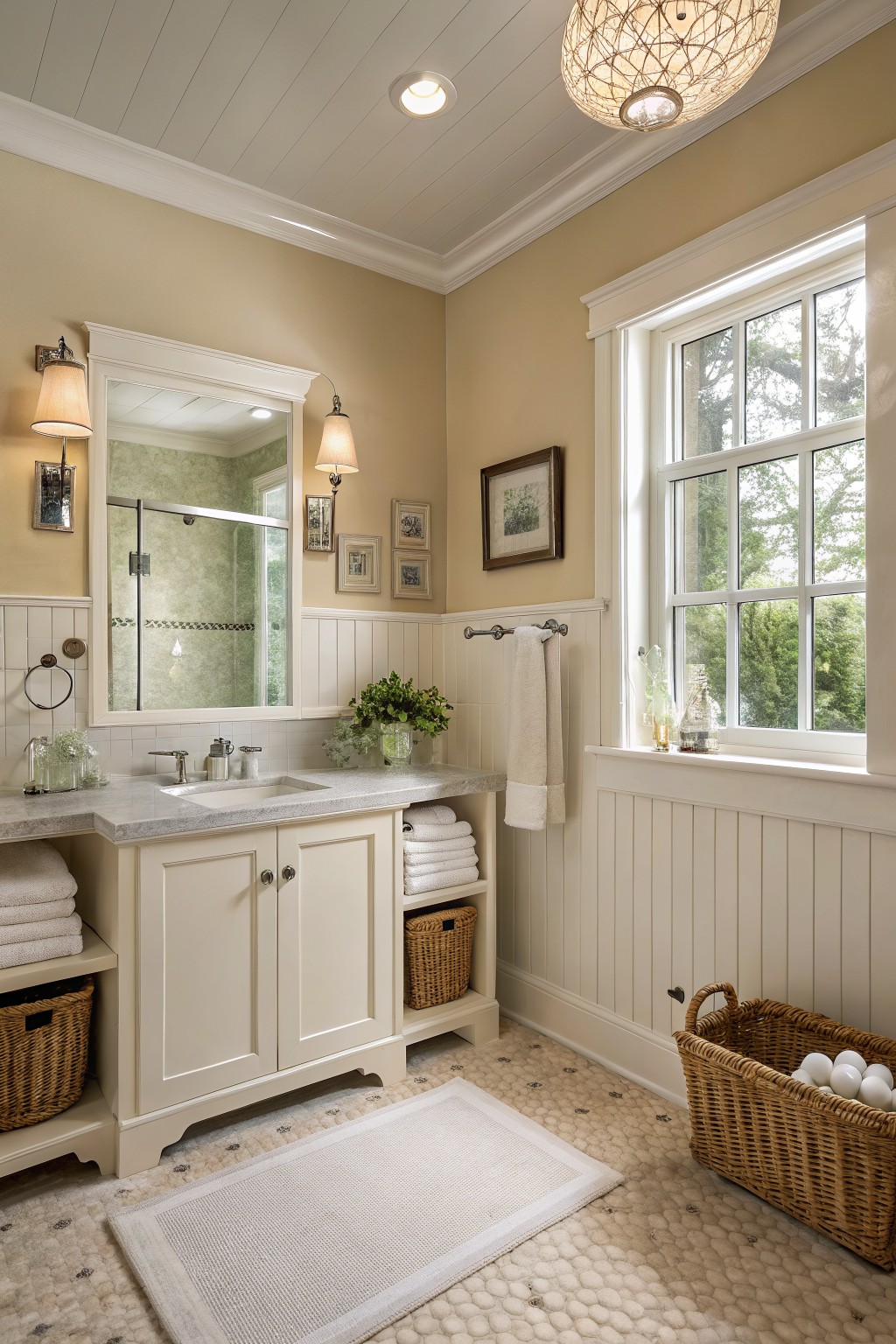 A bathroom with warm beige walls above white wainscoting and a marble vanity.