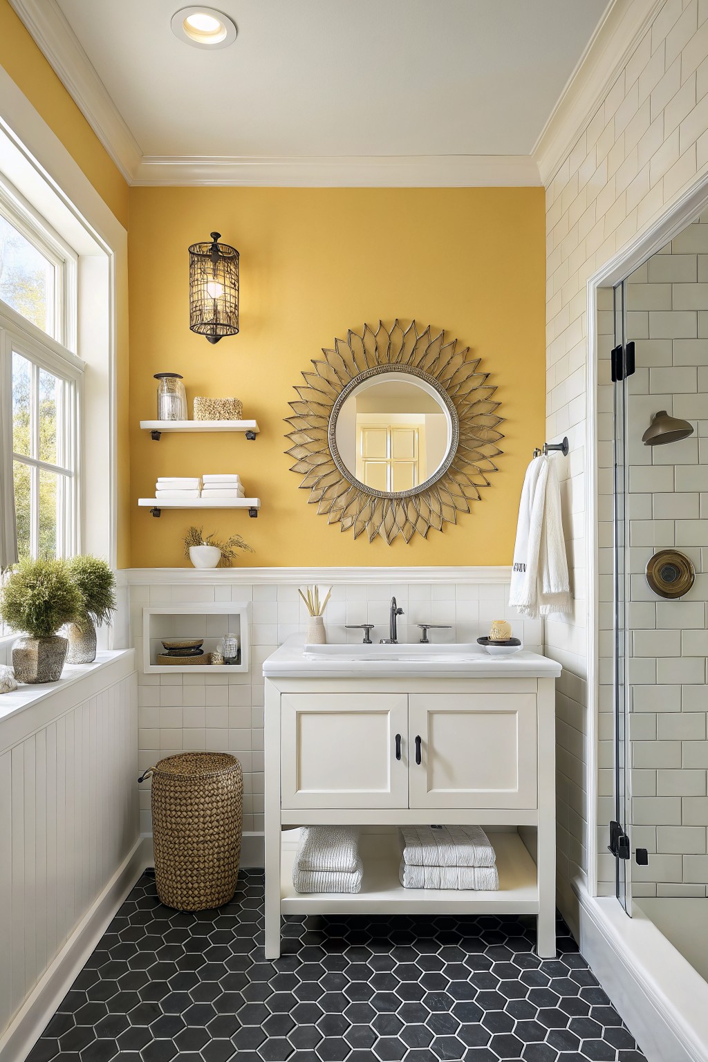 Yellow bathroom with white vanity, sunburst mirror, and black hexagonal floor tiles.