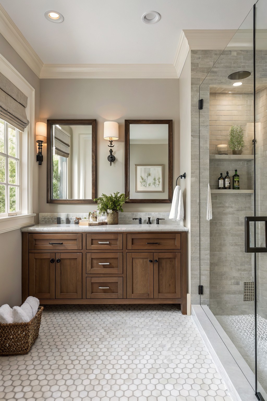 A bathroom with warm greige walls and a wood vanity.