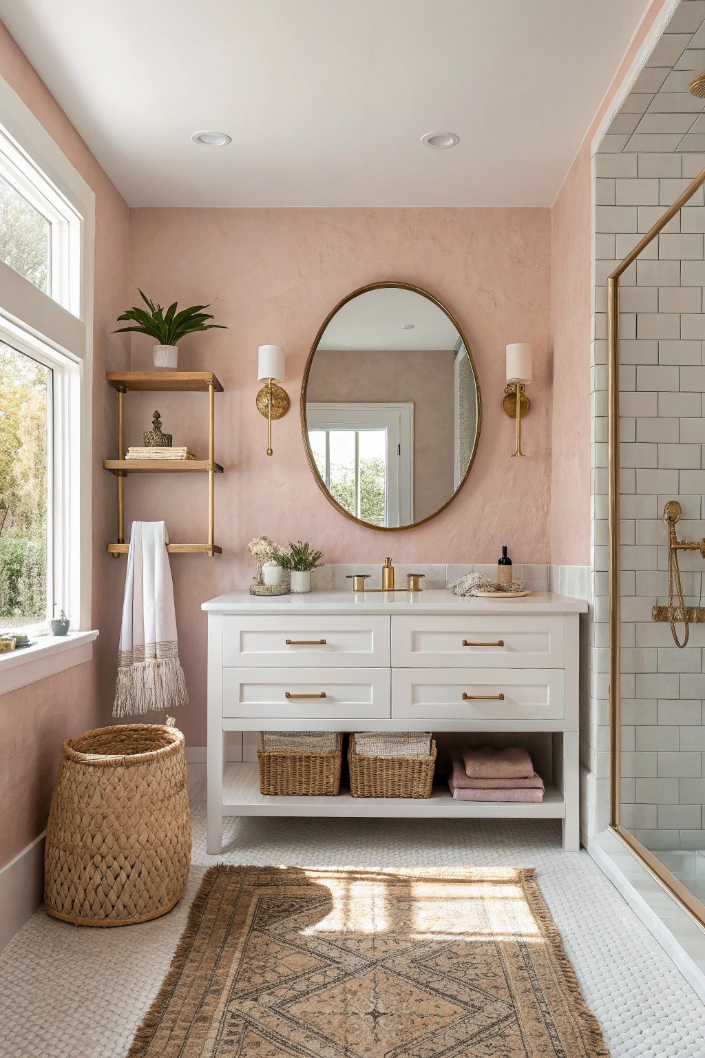 Soft pink walls in a bathroom with a white vanity and round mirror.