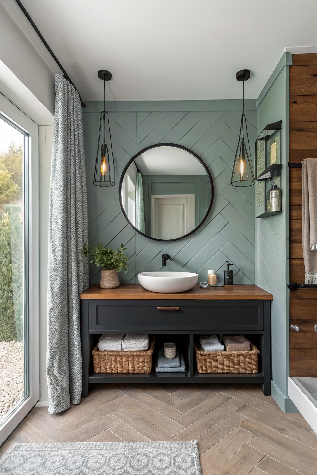 Soft sage green walls with a herringbone pattern in a bathroom with a dark vanity.