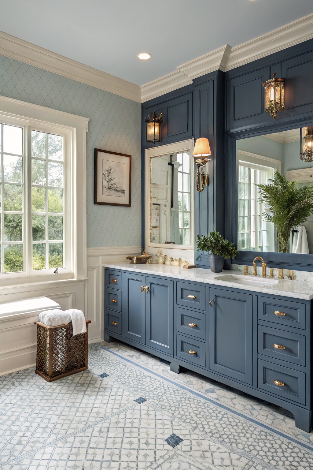 A bathroom vanity and cabinets painted in a deep navy blue.