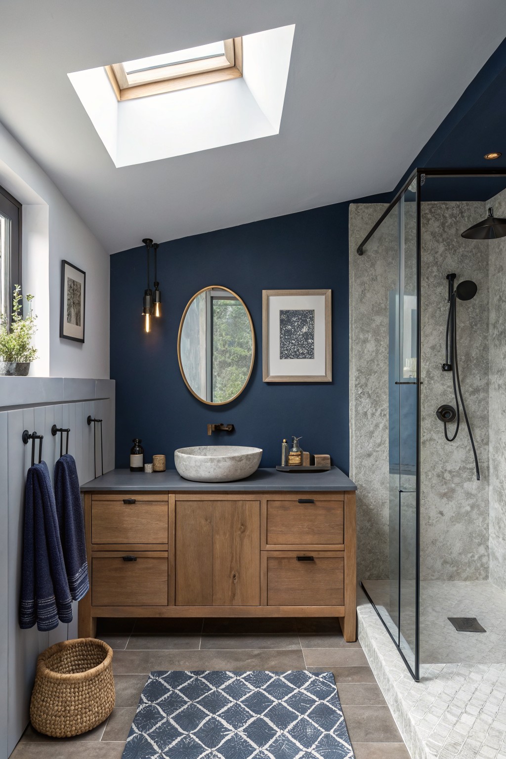 A bathroom featuring deep navy blue walls with a wood vanity and stone sink.