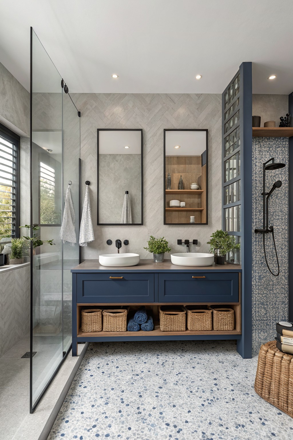Modern bathroom with navy blue double vanity, white vessel sinks, and terrazzo floor