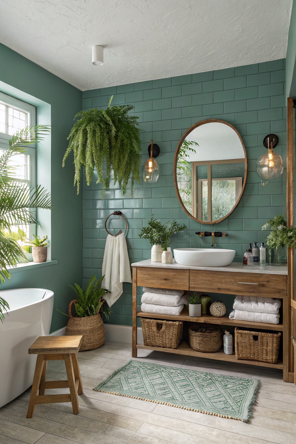 Teal-tiled bathroom with wooden vanity, round mirror, hanging fern, and woven baskets.