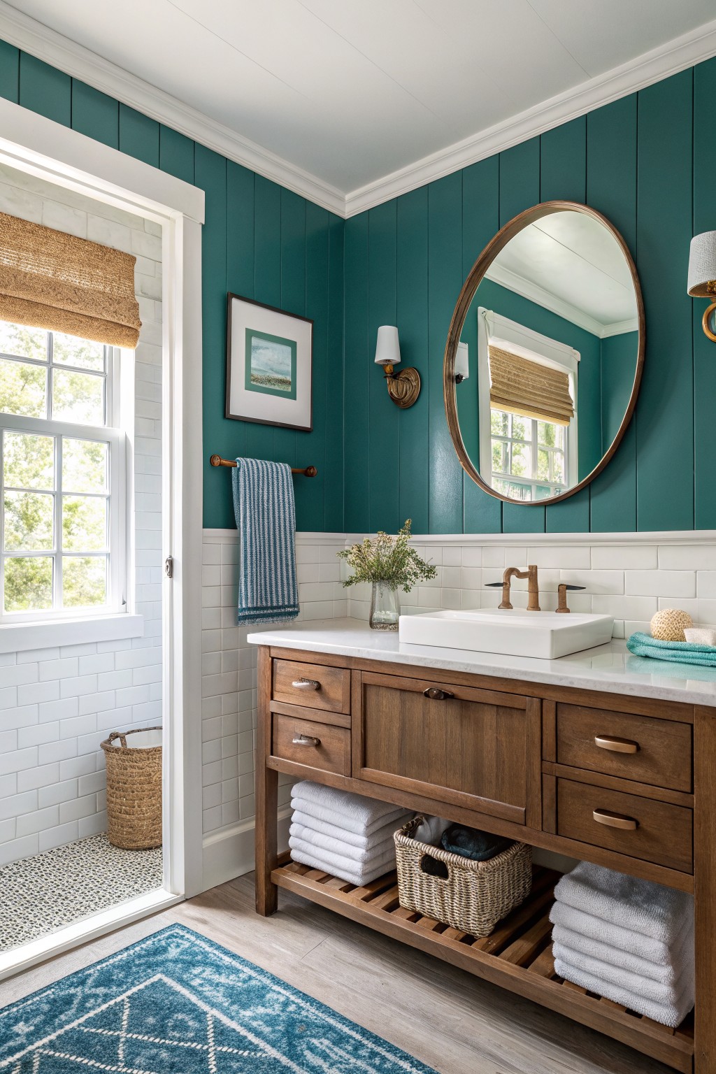 A bathroom with deep teal walls above white subway tile and a wood vanity.