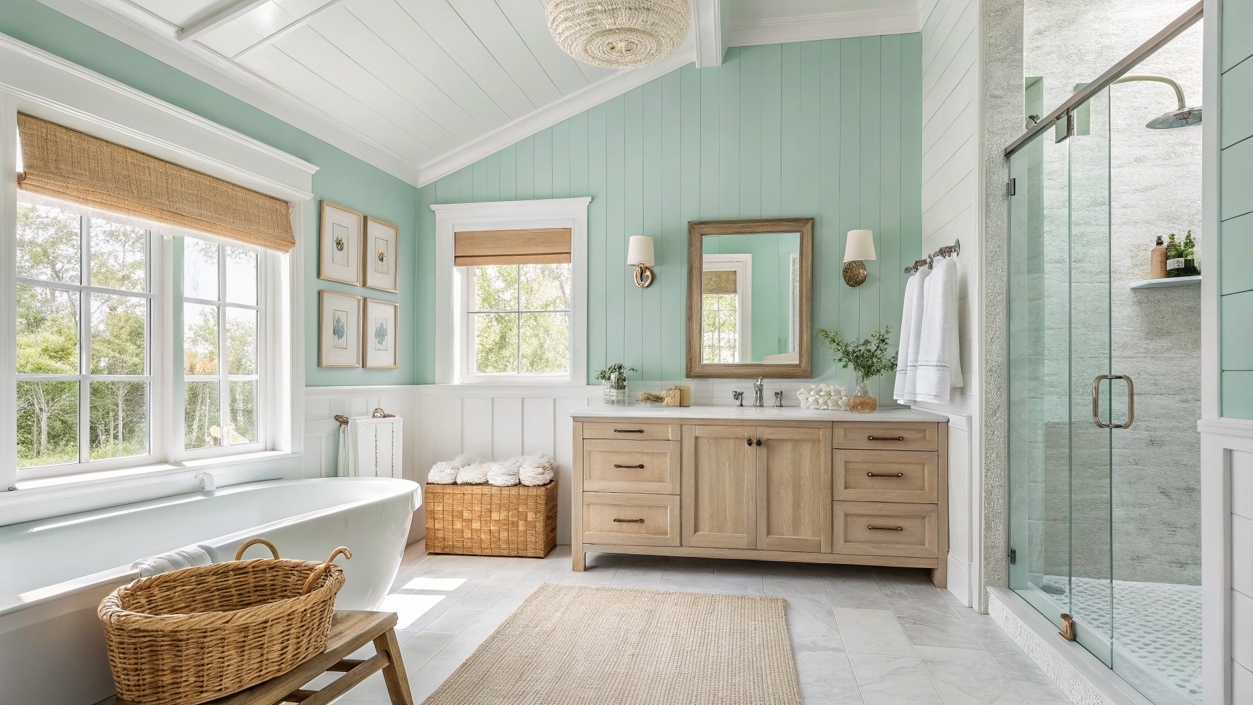 Light blue green walls in a bathroom with white vanity and marble counters.
