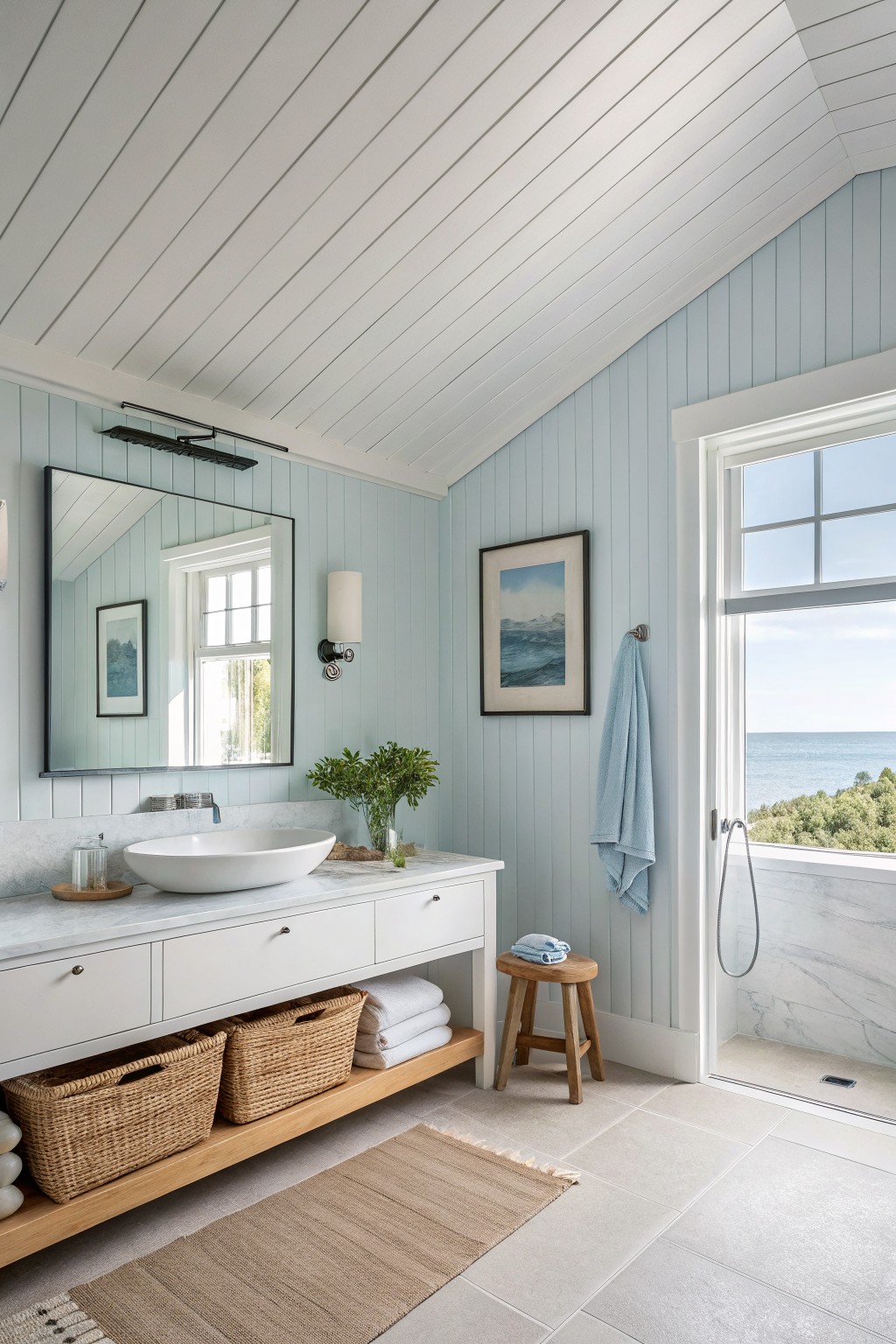 A bathroom with light blue walls and a white vanity.