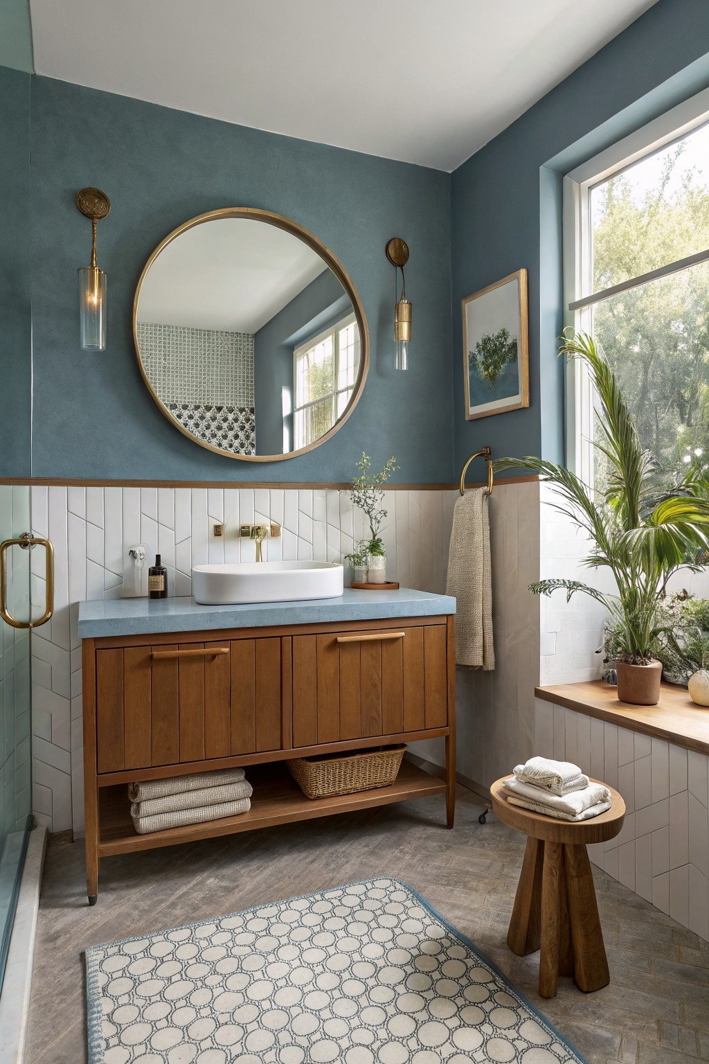 Bathroom walls painted in a soft teal blue above white tile wainscoting.