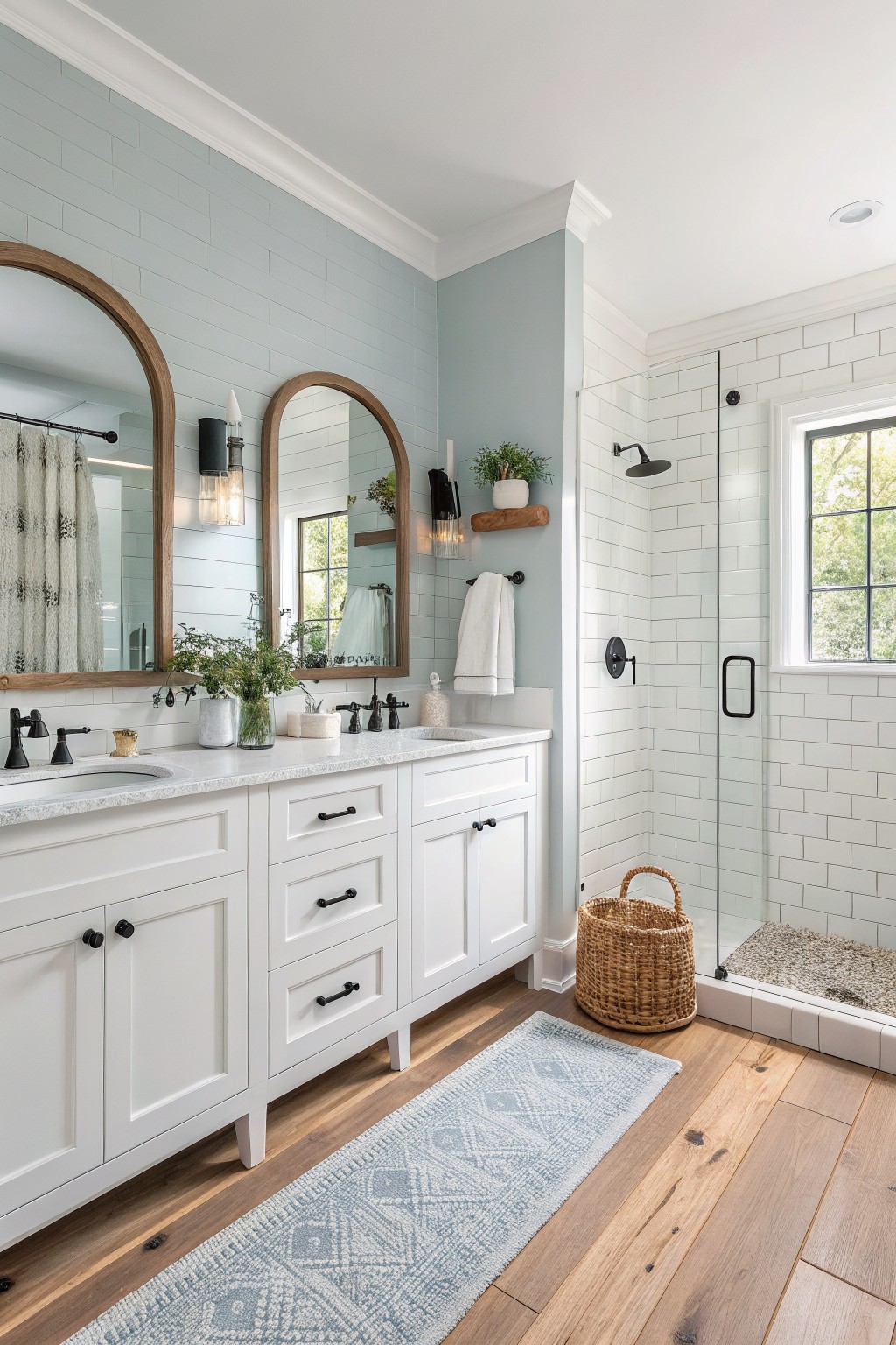 Light blue-gray walls in a white bathroom with wood flooring and arched mirrors.