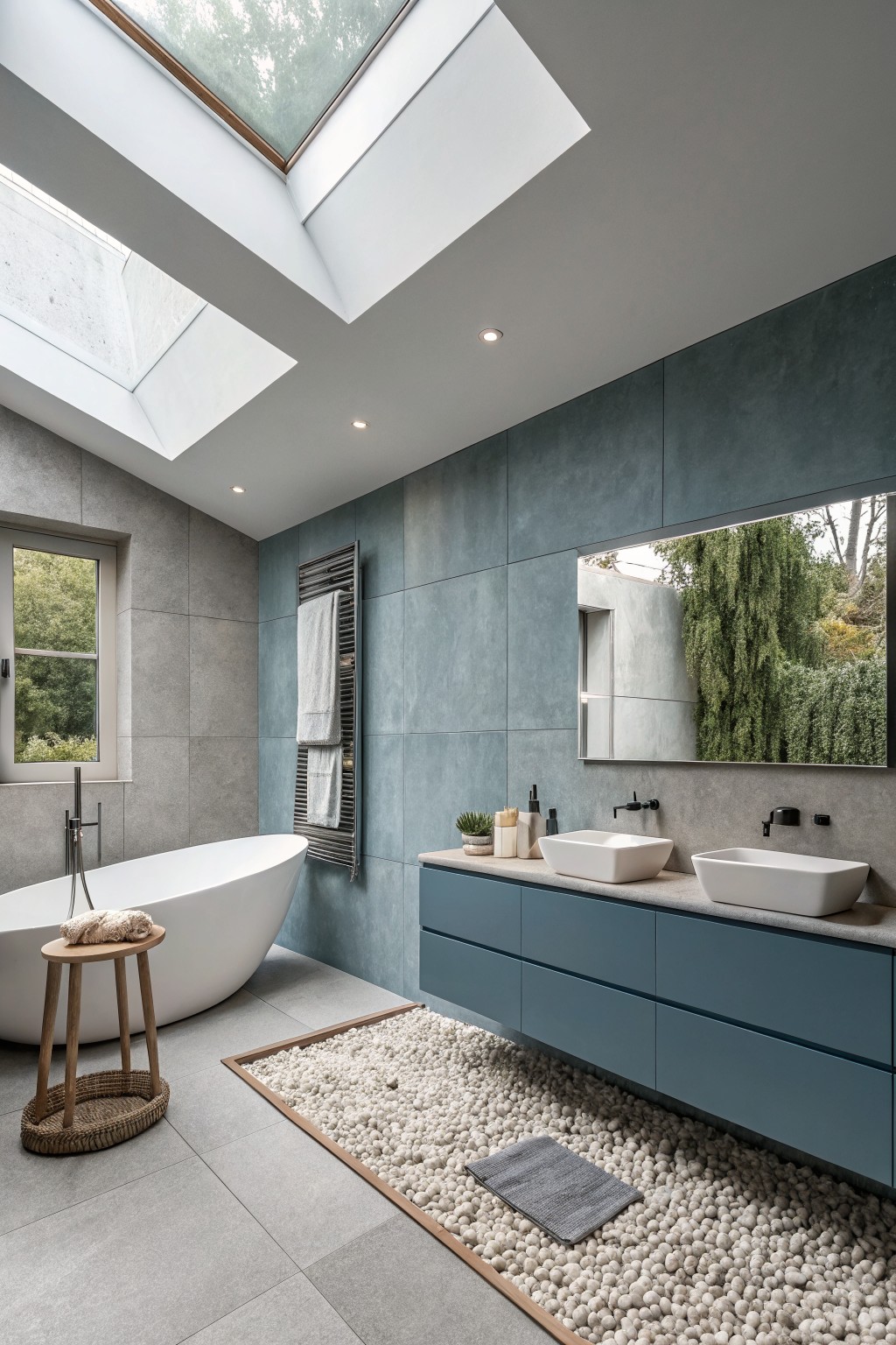 Bathroom walls painted in a soft muted blue gray.