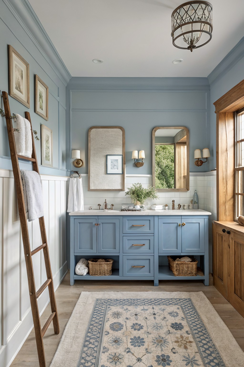 A bathroom with soft blue gray walls above white wainscoting and a matching blue vanity.