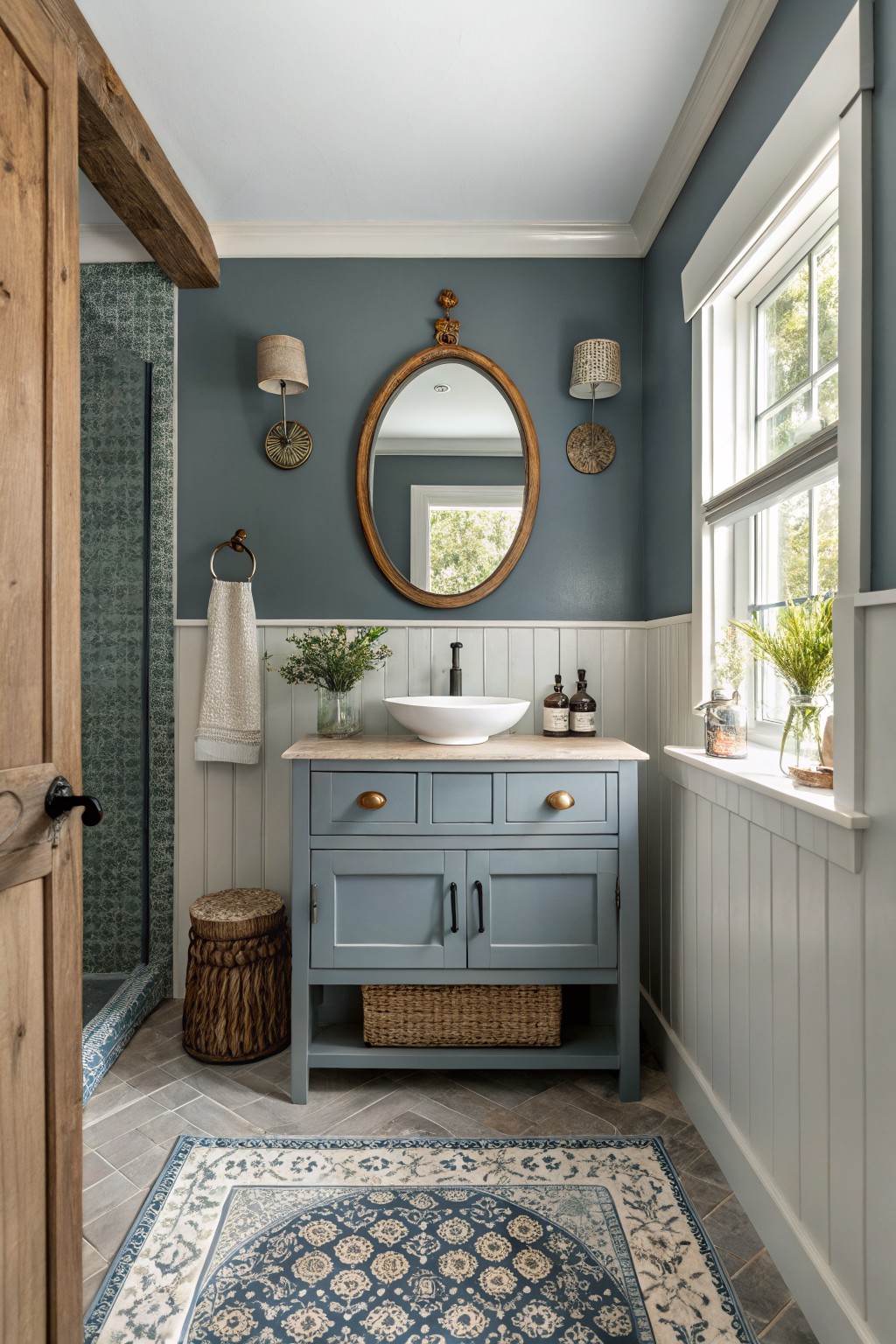 A bathroom featuring soft blue gray walls above white beadboard wainscoting.