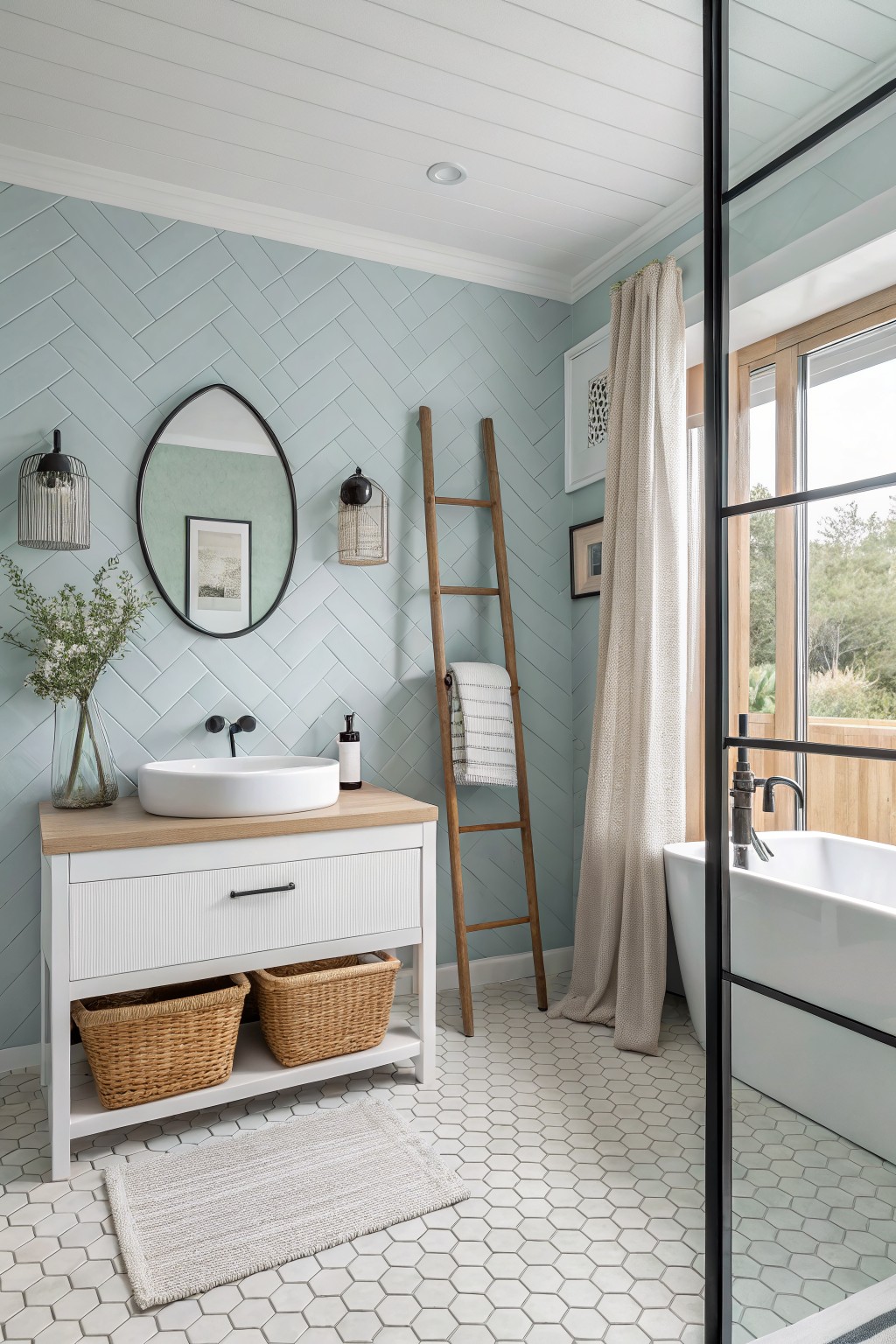 Modern bathroom with light blue herringbone tiles, white vanity, and freestanding tub