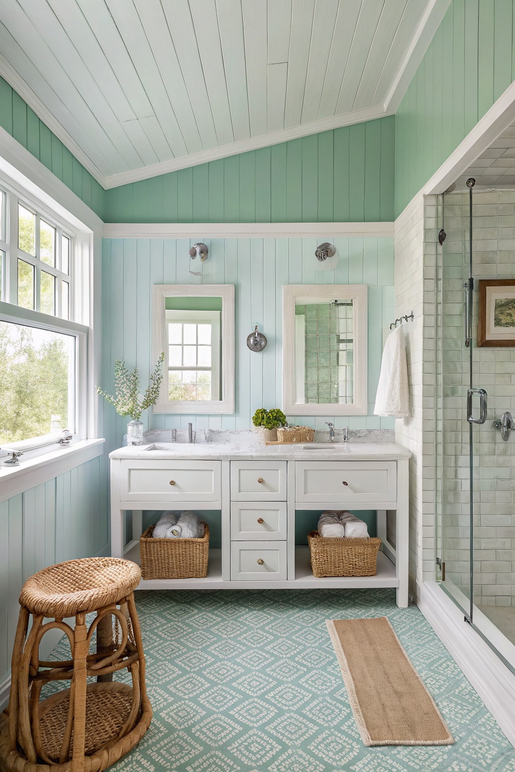 Mint green bathroom with white double vanity, wicker stool, and glass shower