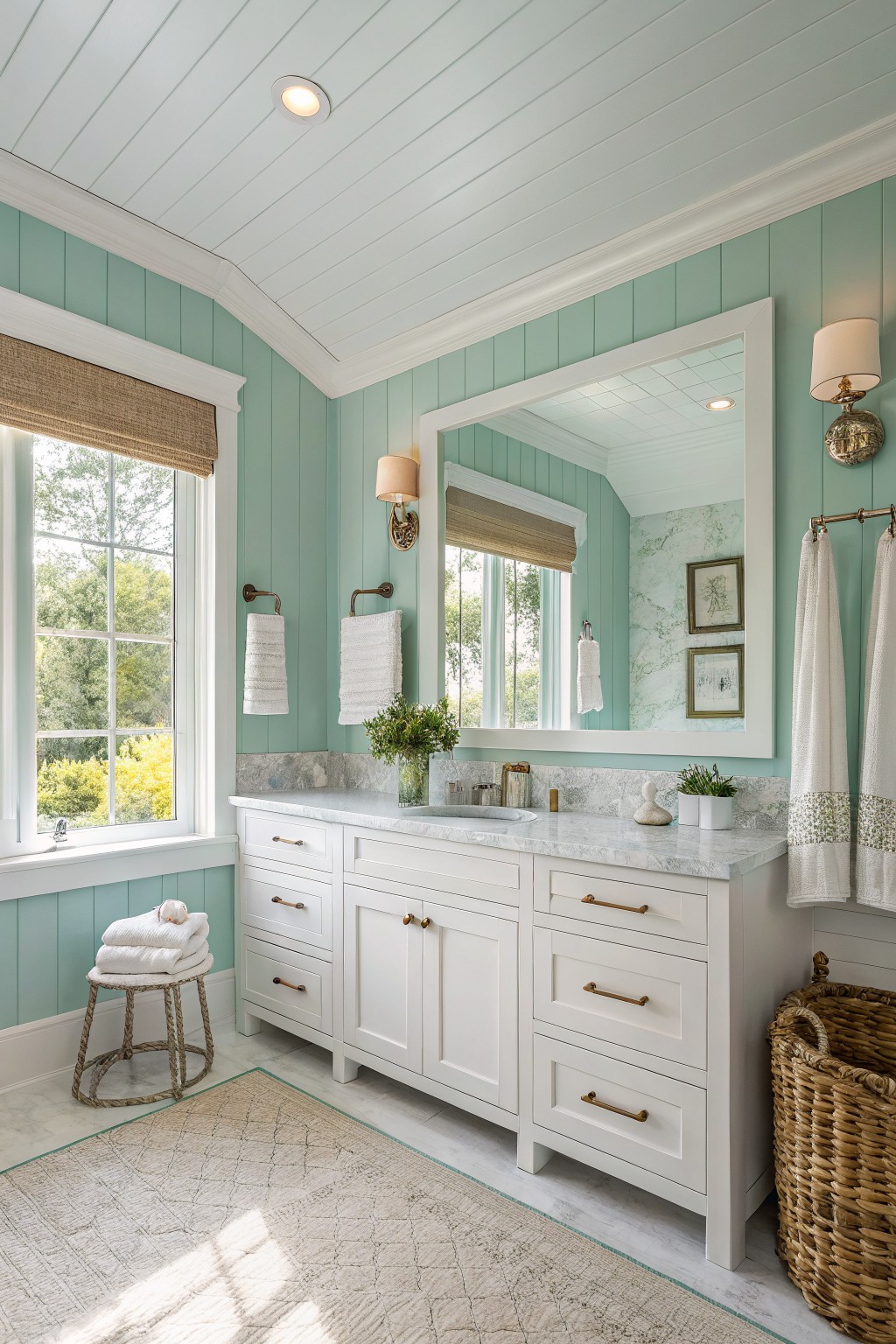 Light blue green walls in a bathroom with white vanity and marble counters.