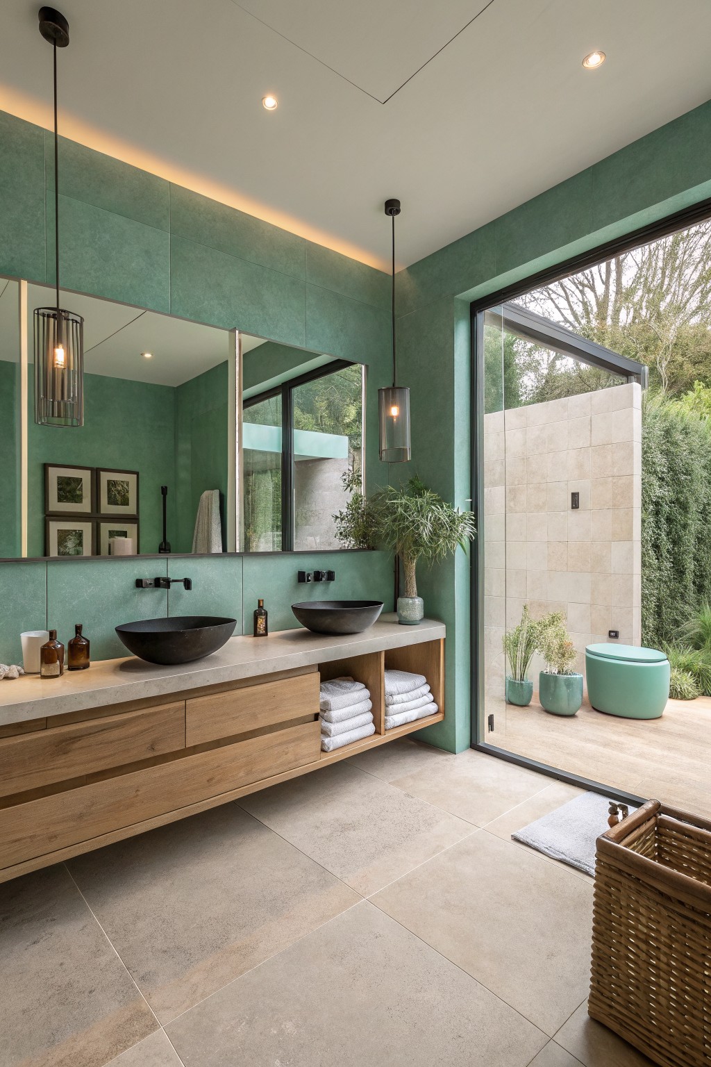 A bathroom with muted sage green walls and a wood vanity.