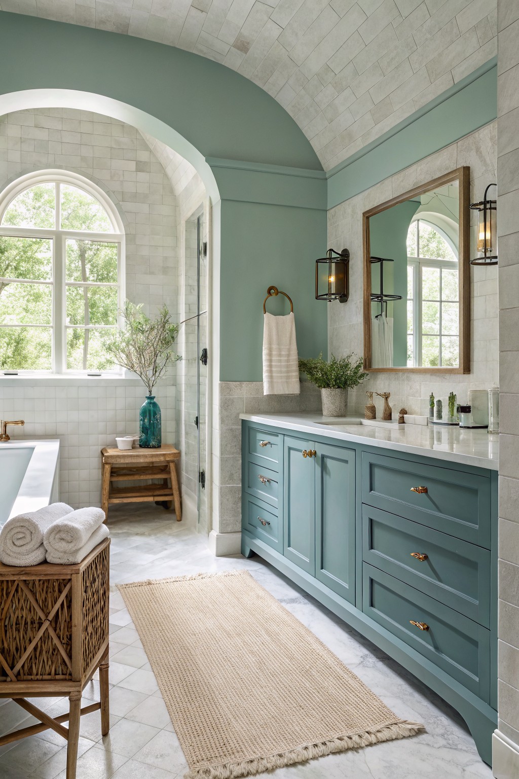 A bathroom with soft teal walls and matching vanity cabinet.