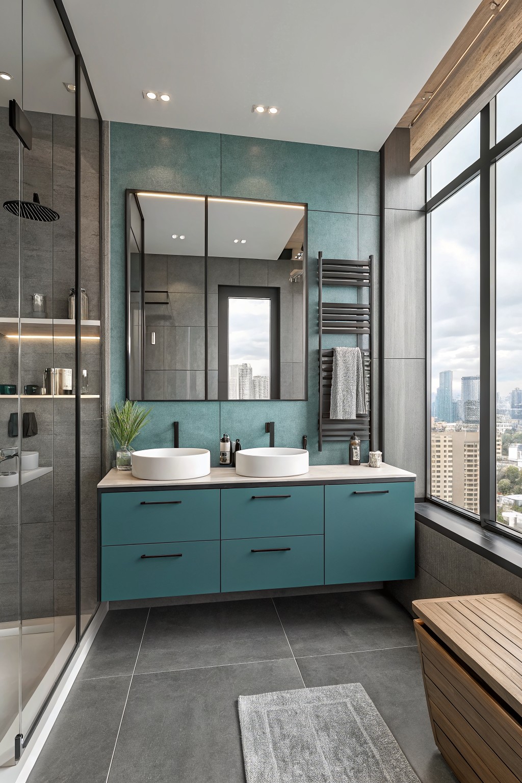 A bathroom featuring soft teal painted walls above a double vanity.