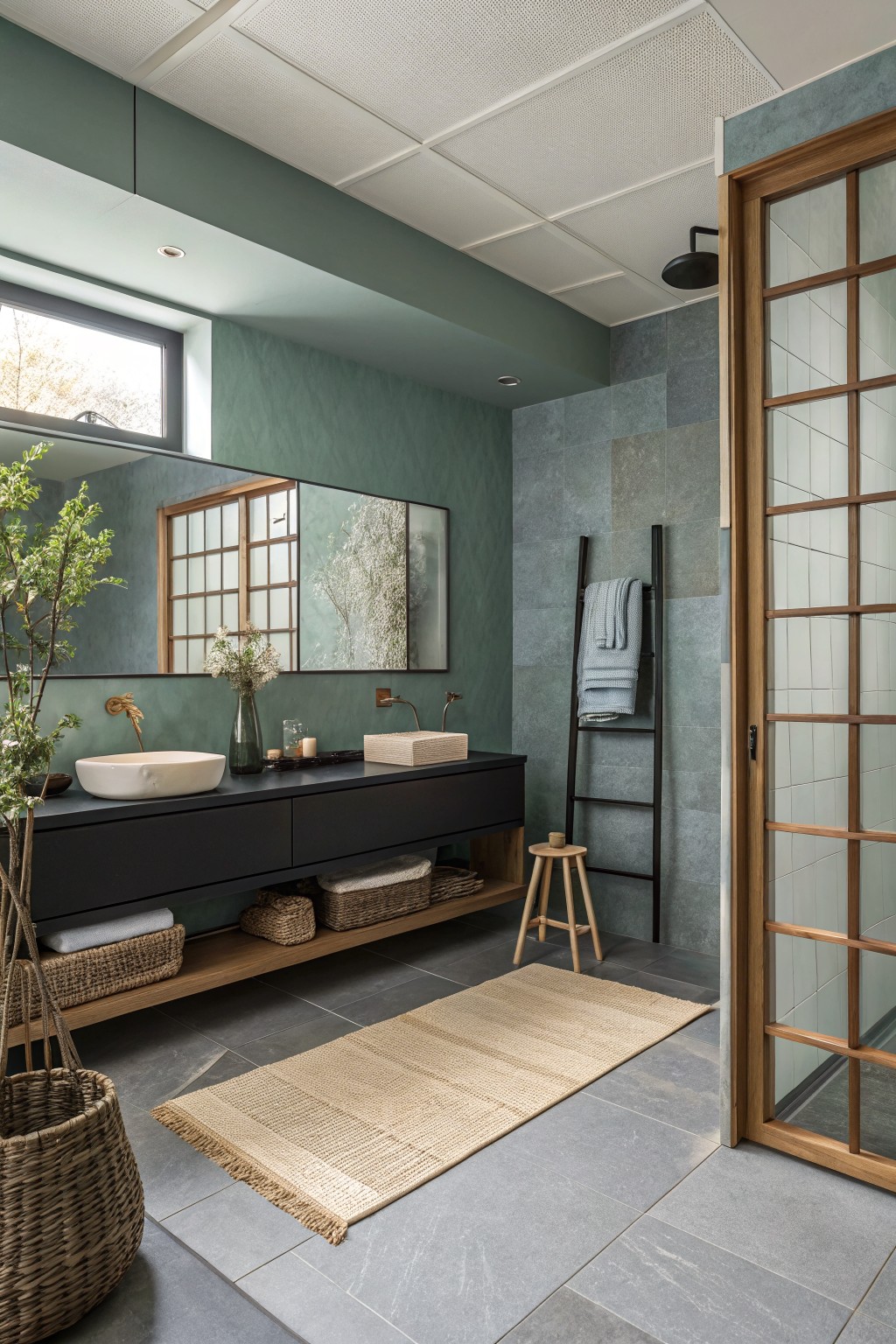 Bathroom walls painted in a soft teal green with a dark floating vanity.