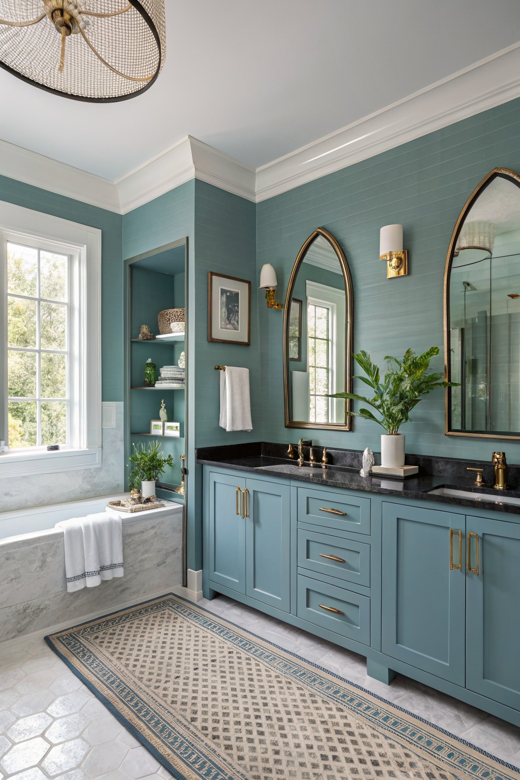 Teal painted walls in a bathroom with dark counters and arched mirrors.