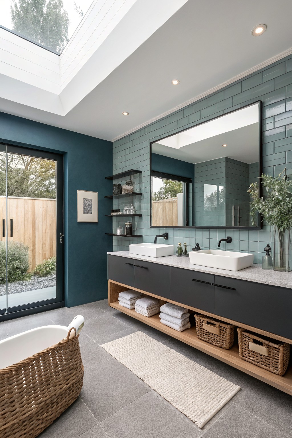 Teal painted and tiled walls in a bathroom with white vanities and wood accents.