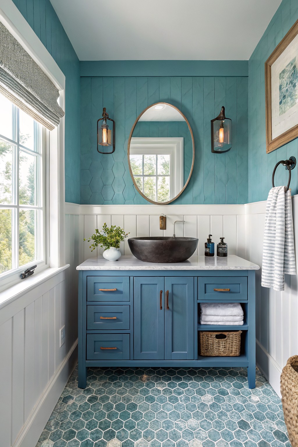 A bathroom with teal walls above white wainscoting and a blue vanity.