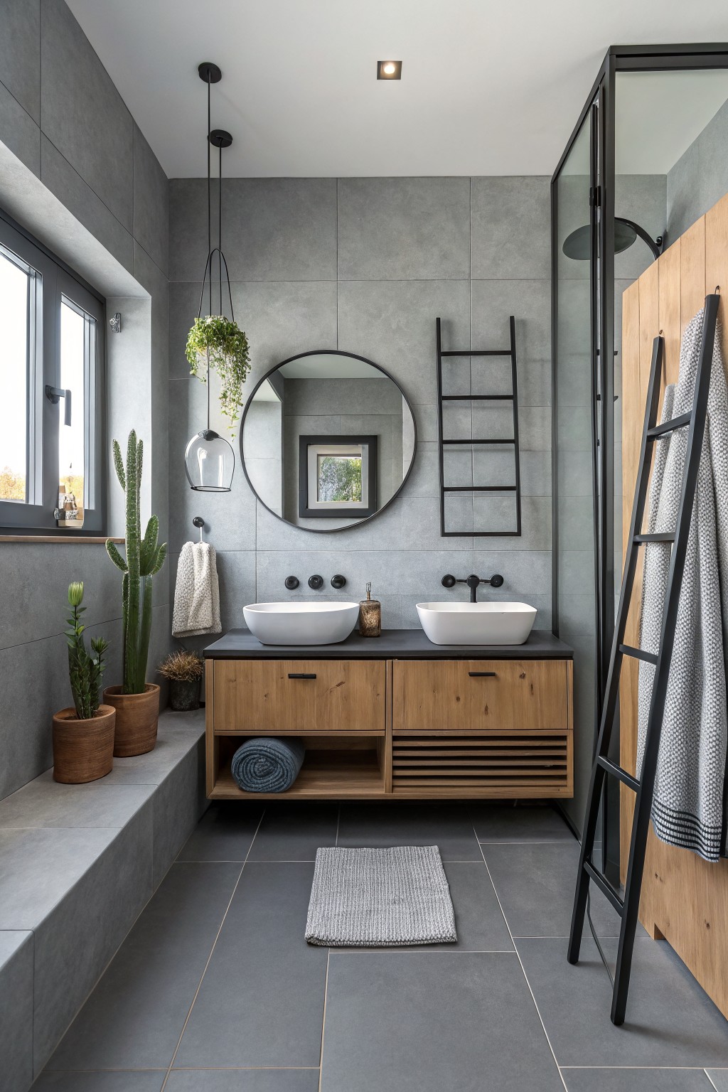 Cool gray tiled walls in a modern bathroom with wood vanity and black accents.