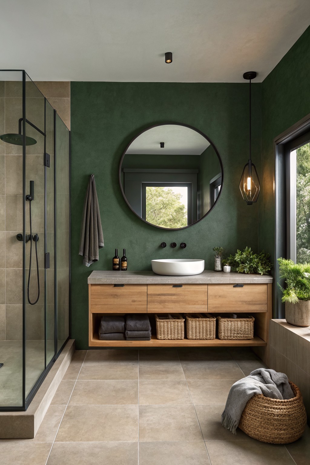 Deep green walls in a modern bathroom with a wood vanity and round mirror.
