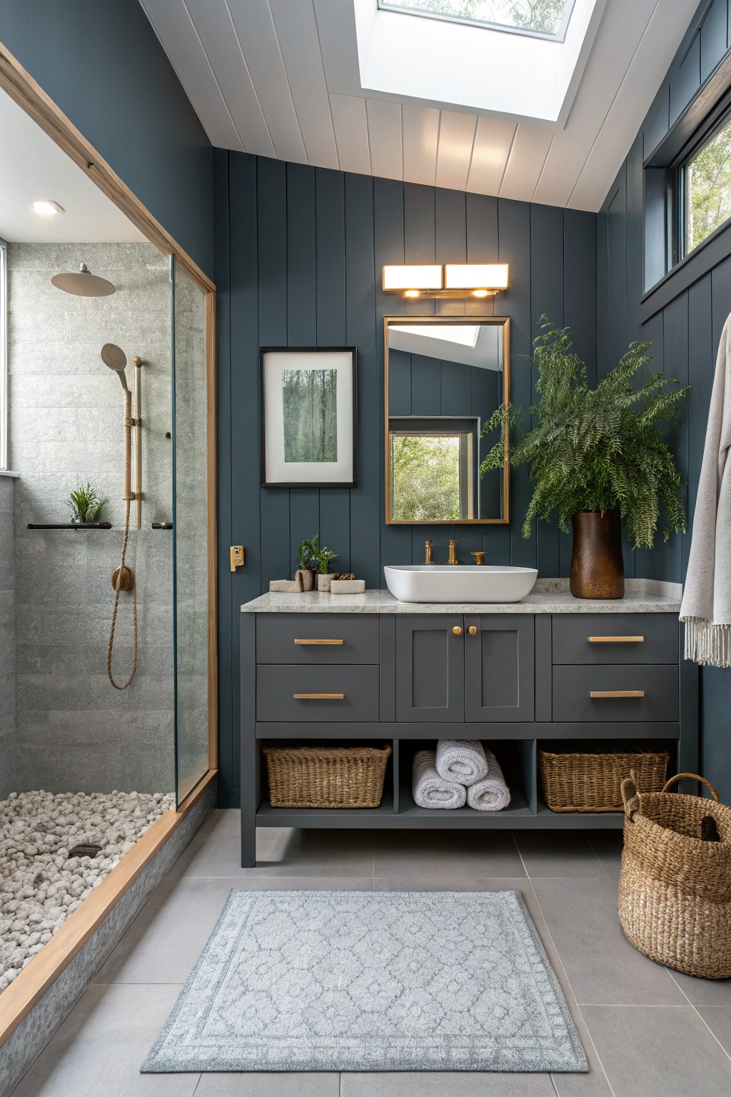 Dark navy blue walls in a modern bathroom with gray vanity and skylight.