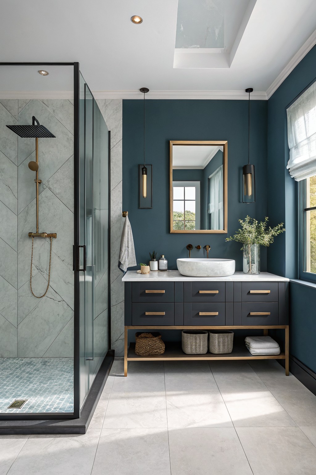 A bathroom with deep teal walls and a white marble vanity.