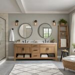 A bathroom with soft greige walls, white trim, and a wood vanity.