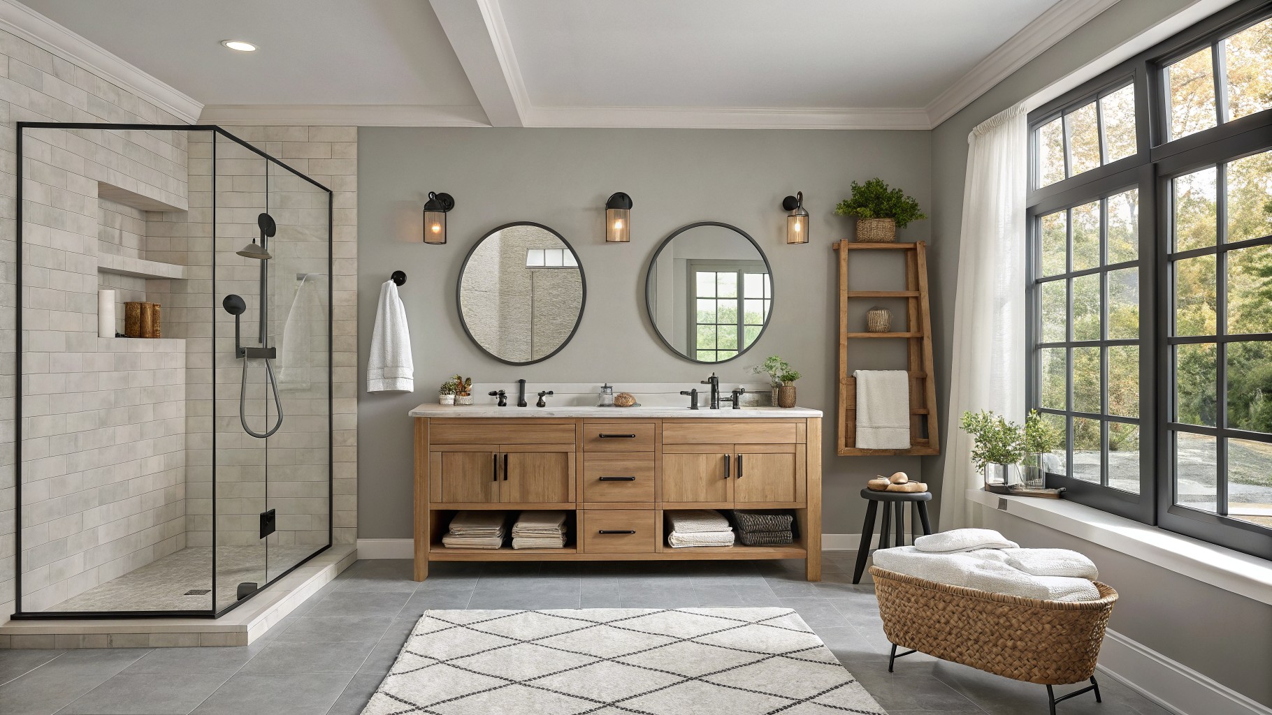 A bathroom with soft greige walls, white trim, and a wood vanity.