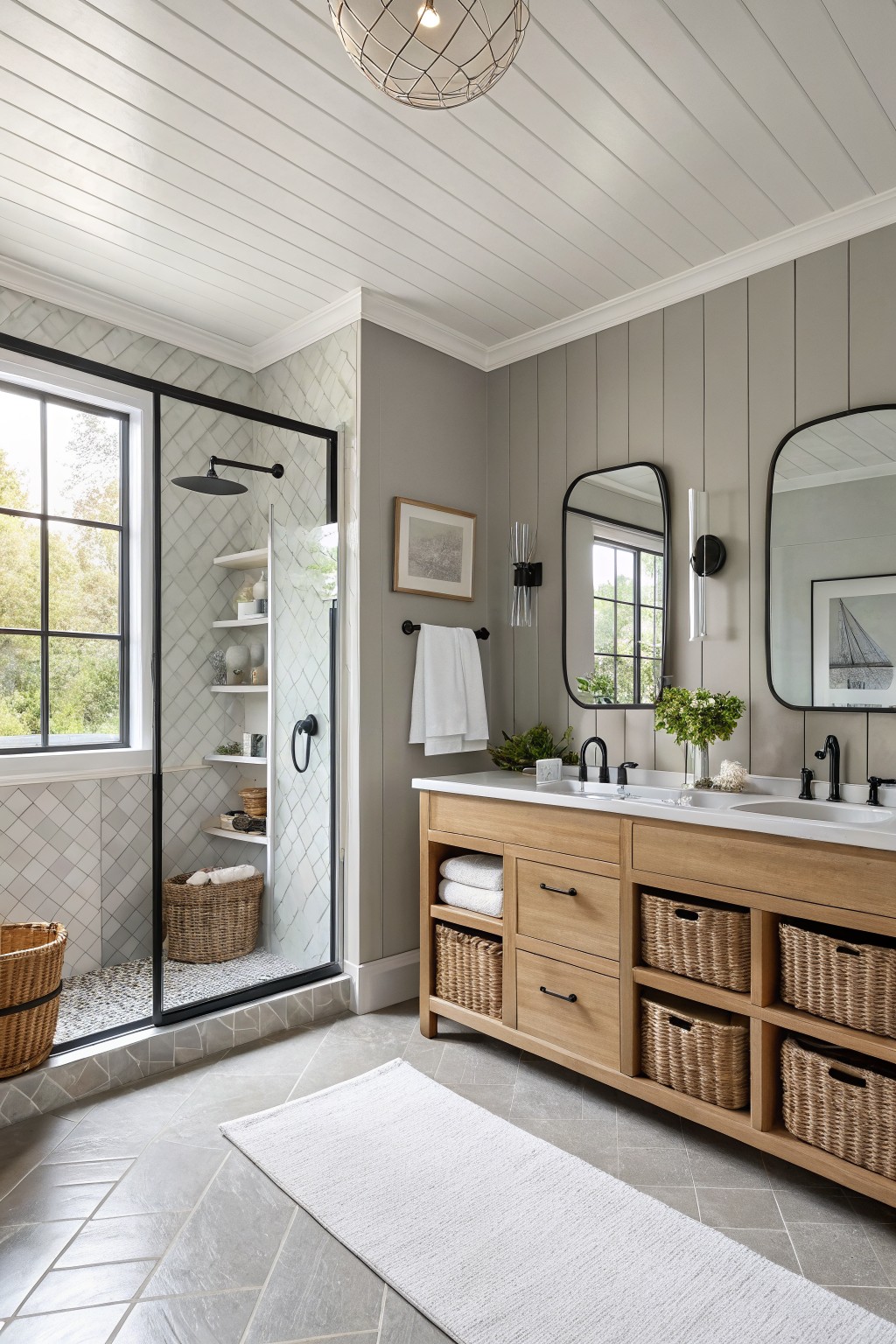 A bathroom with soft greige walls, white trim, and a wood vanity.