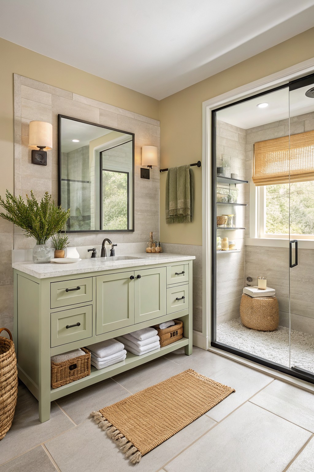 Modern bathroom with sage green vanity, marble countertop, and open glass shower.