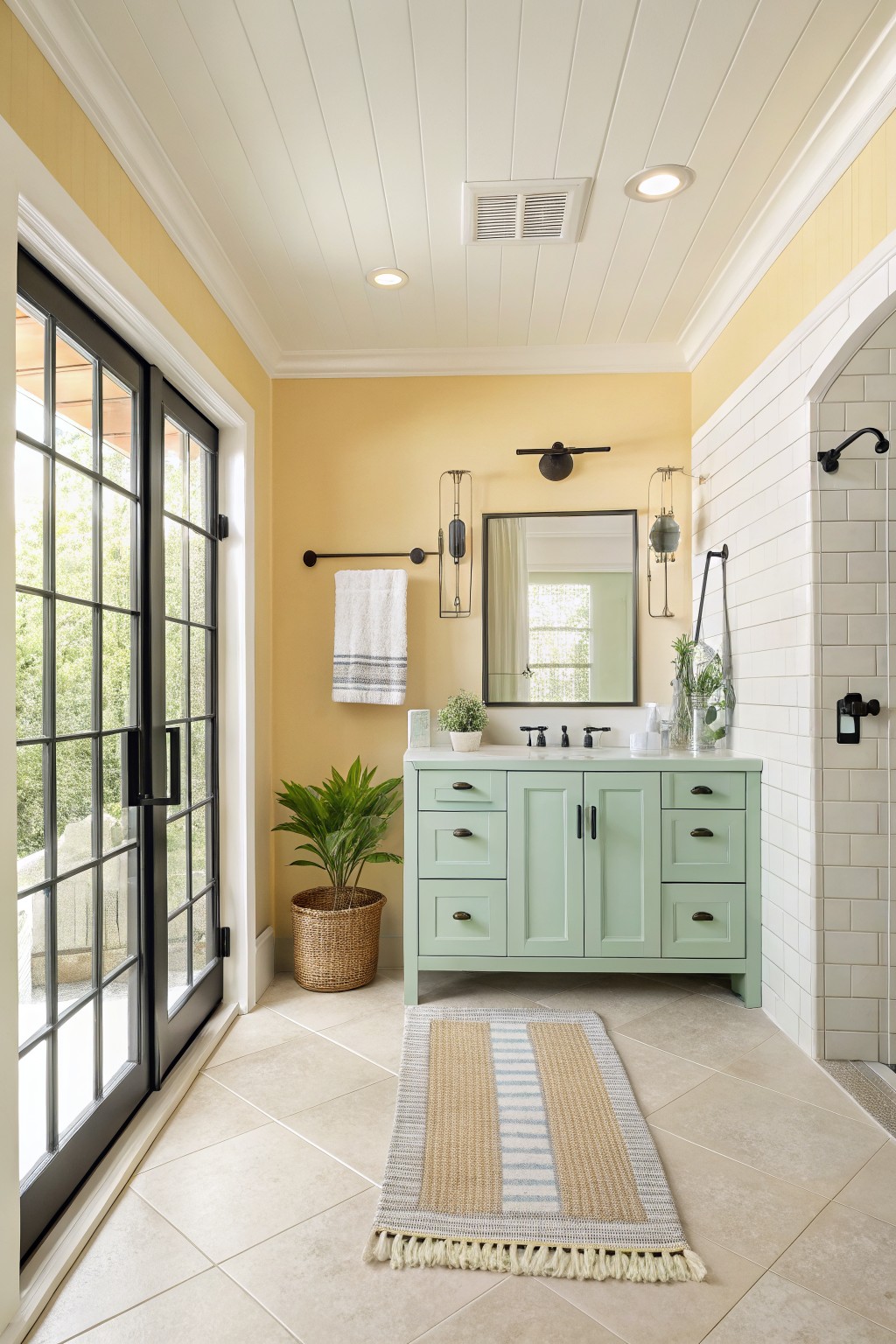 A bathroom vanity painted soft sage green with white tile and black hardware.
