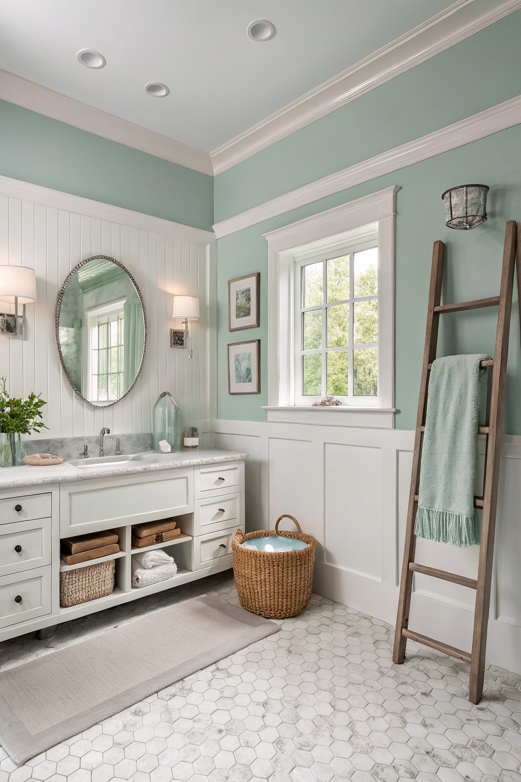 A bathroom with soft sage green walls and white wainscoting.