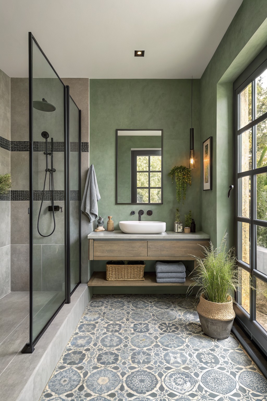 A bathroom featuring soft sage green walls and a floating wood vanity.