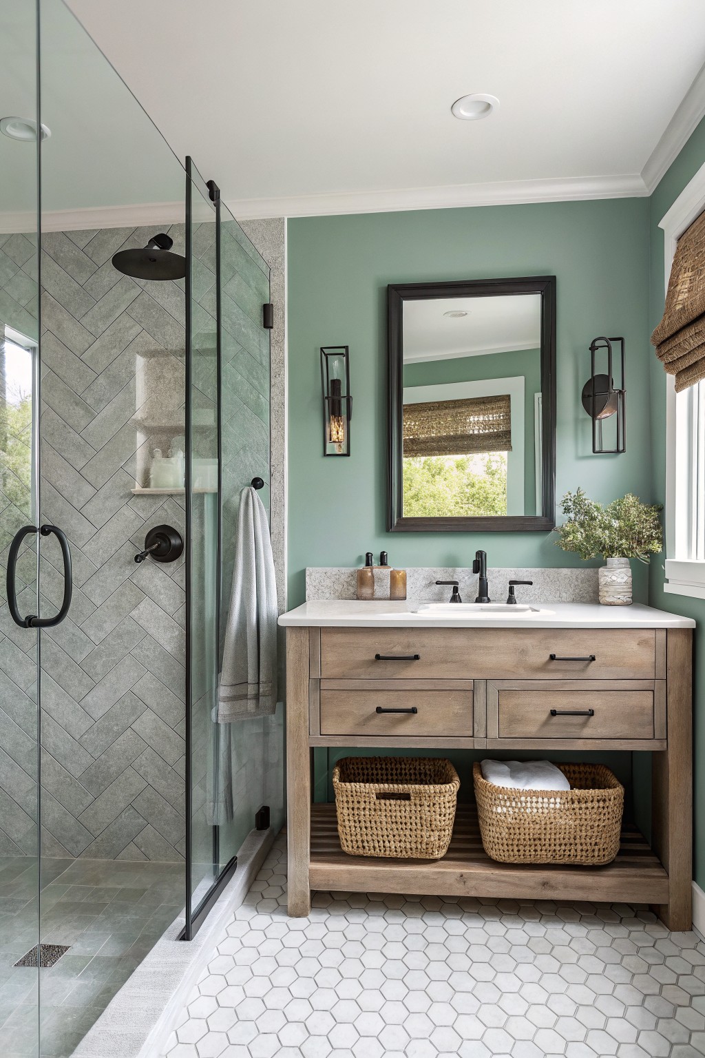 Bathroom walls painted in a soft sage green with a wooden vanity below the mirror.