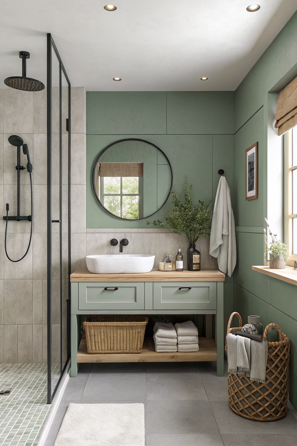 A bathroom with soft sage green walls and a wood vanity.