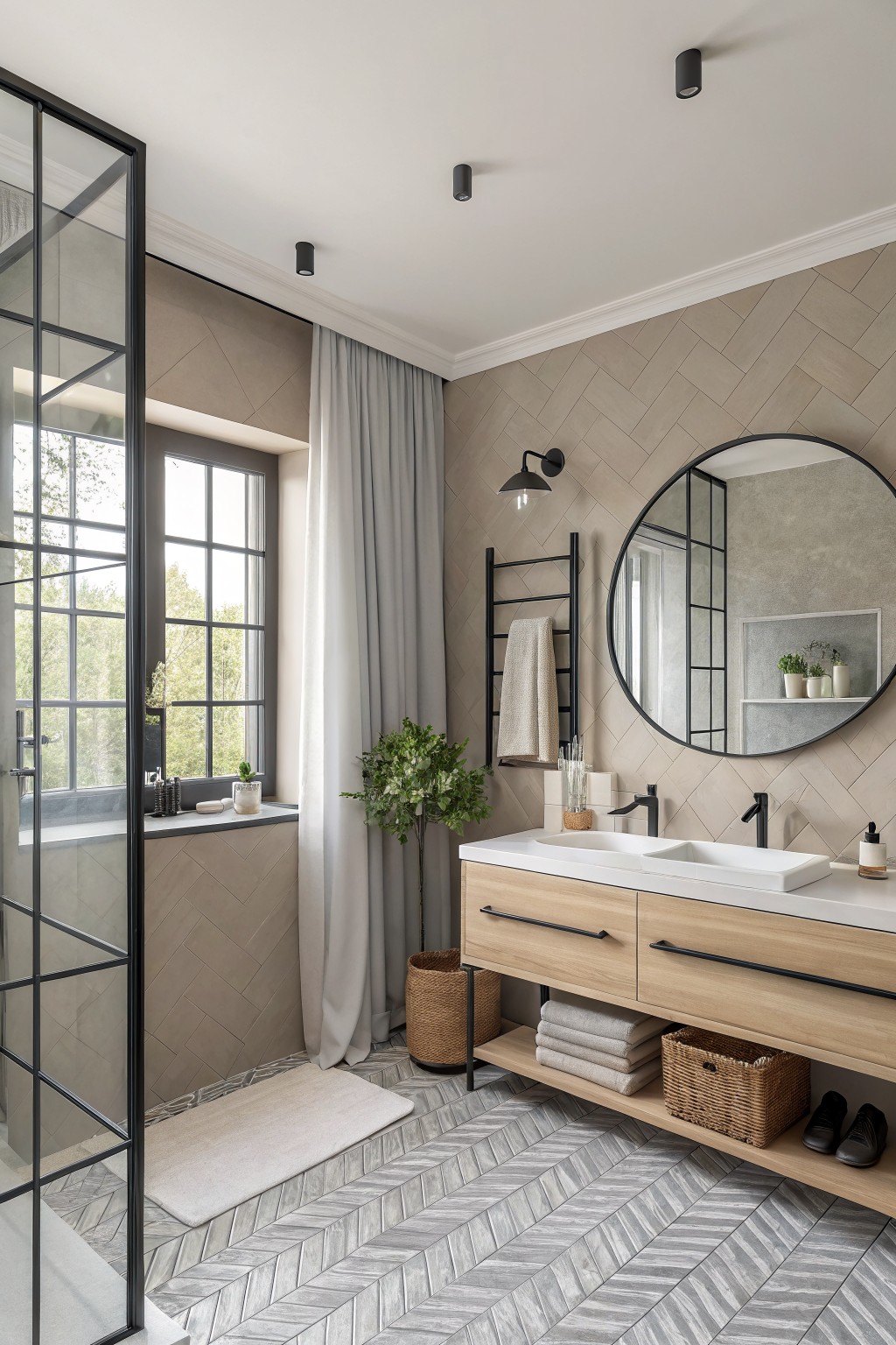A modern bathroom with warm beige herringbone walls and a floating wood vanity.