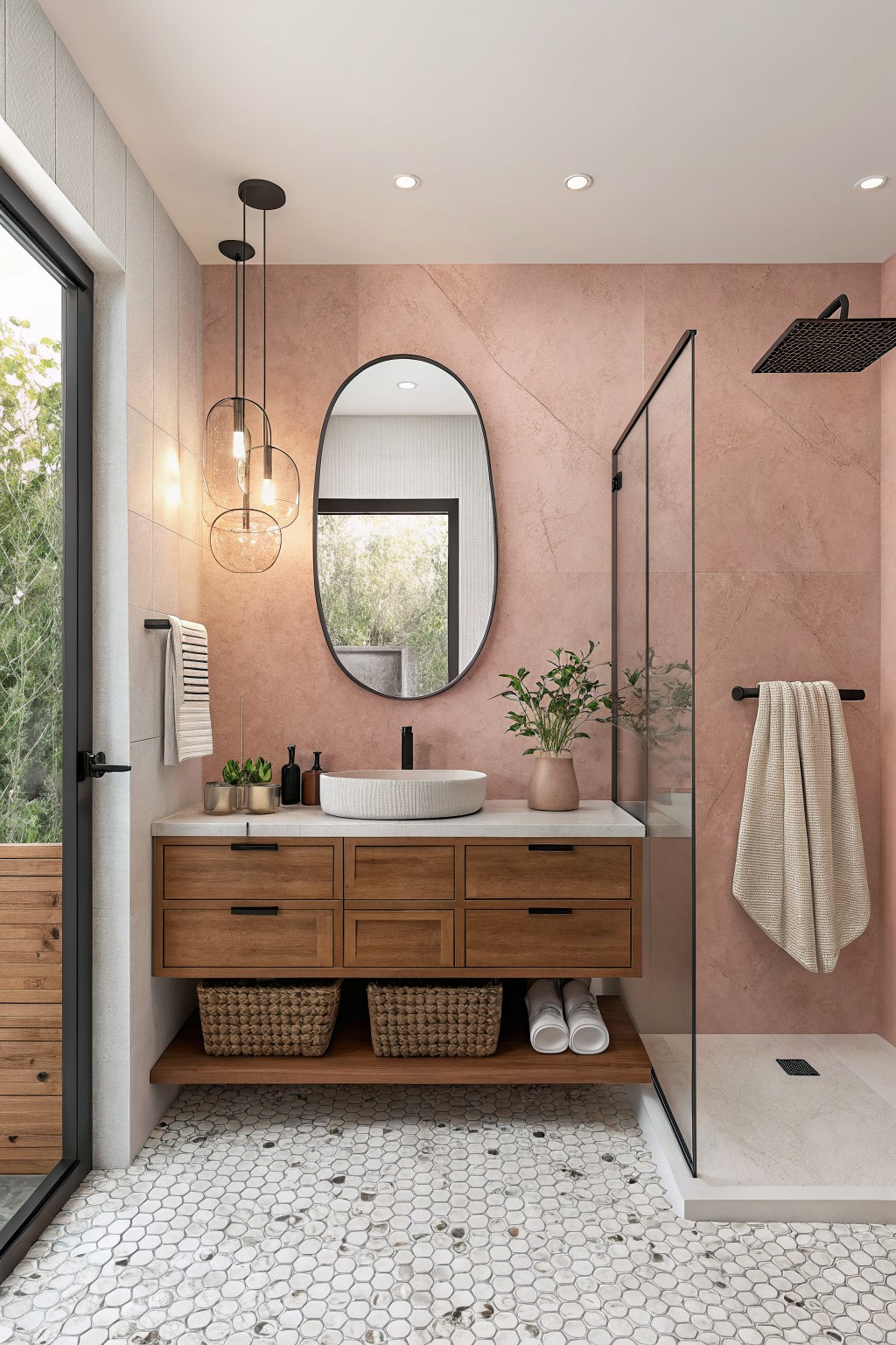 Bathroom with warm blush pink walls and a floating wood vanity.
