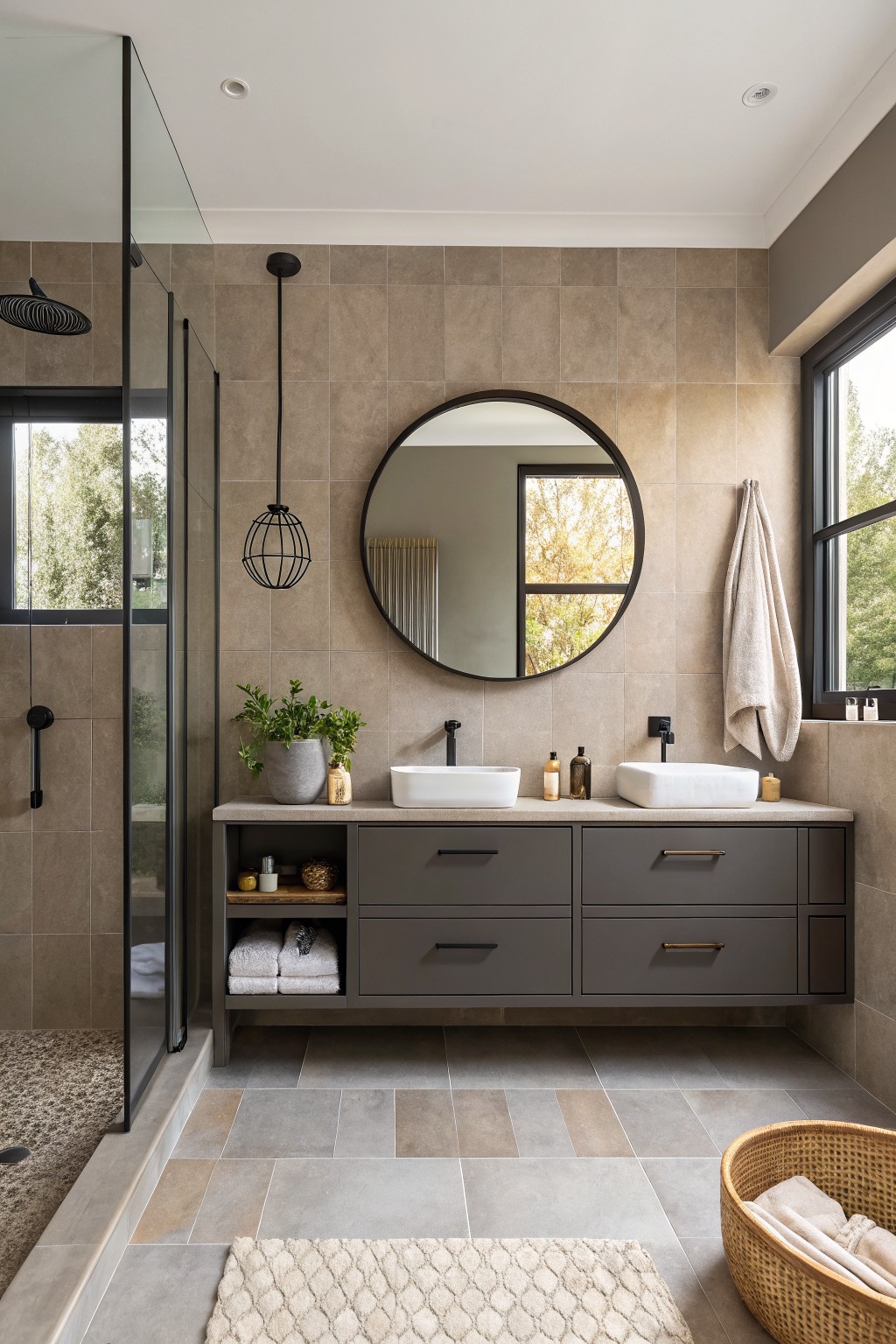 Modern bathroom with double sinks, round mirror, gray vanity, and glass shower