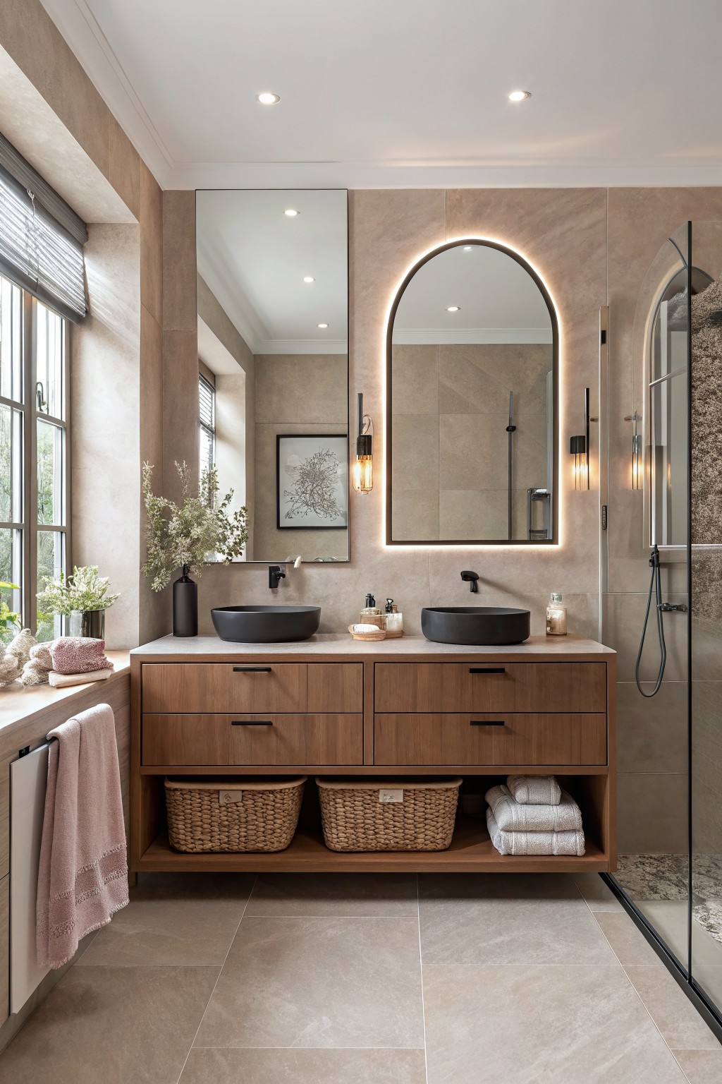 A modern bathroom with warm taupe walls and a wood vanity.