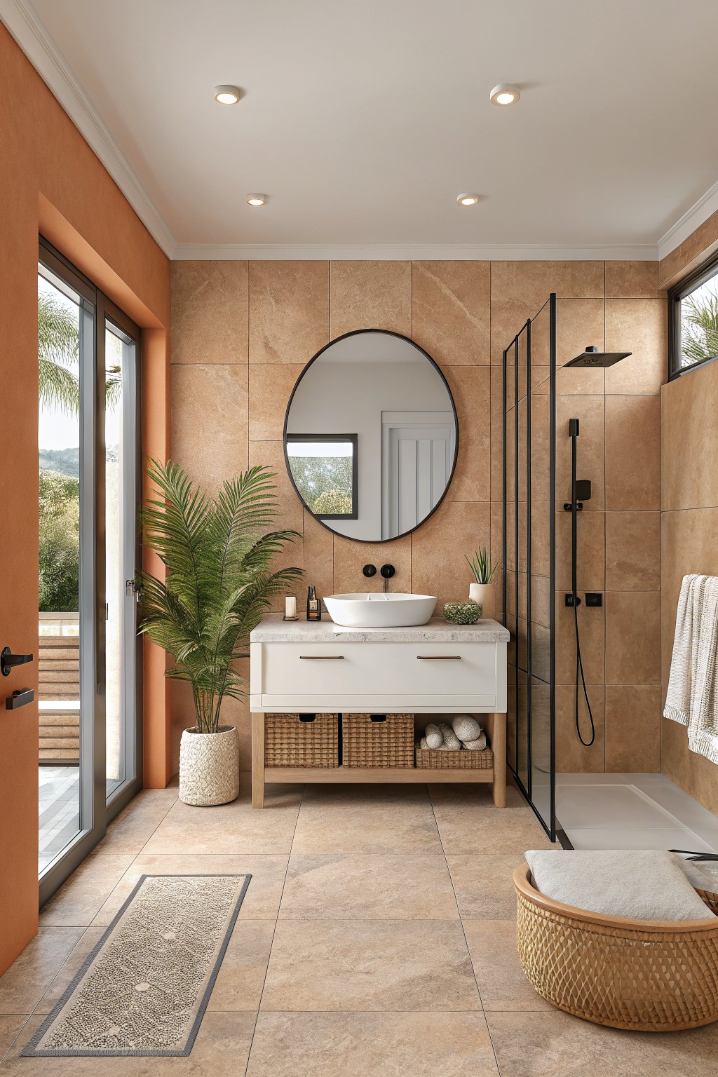 Bathroom walls painted in a warm terracotta shade next to a white vanity and glass shower.